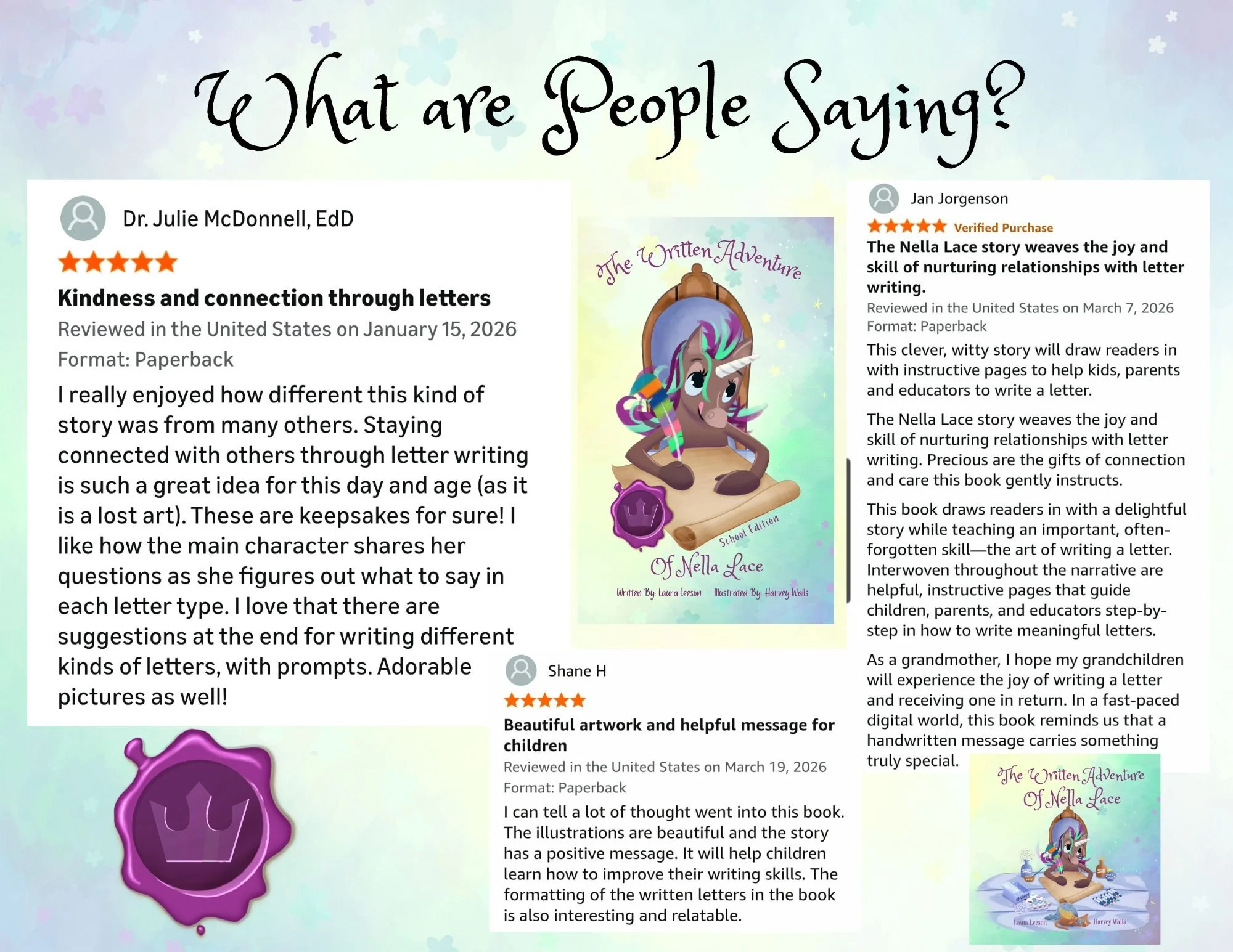 This image shows Amazon book reviews, including a 5 star rating from Dr. Julie McDonnell EdD saying, "I like how the main character shares her questions as she figures out what to say in each letter type." Reviews are sitting on a pastel background.