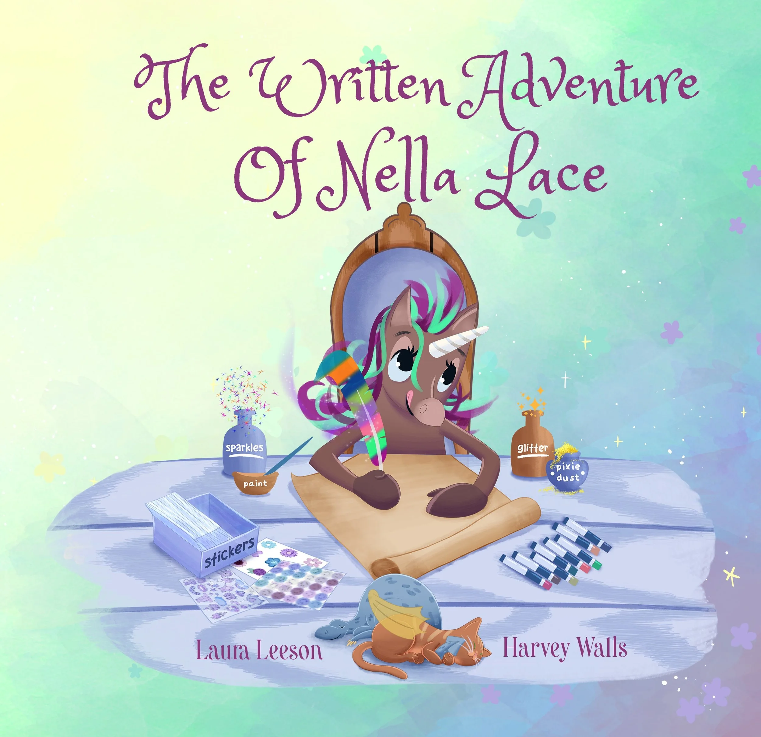 Cover of The Written Adventure of Nella Lace shows brown unicorn with purple and teal mane writing a letter with a colorful quill