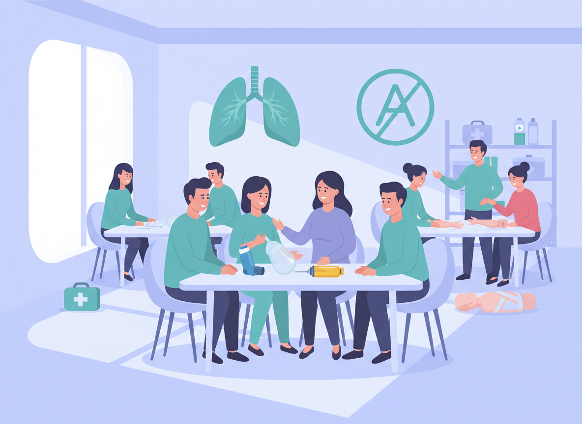 A group of medical professionals attending a training session or class on sleep apnea, with anatomical lungs and a no sleep apnea symbol on the wall, and medical supplies and equipment around them.