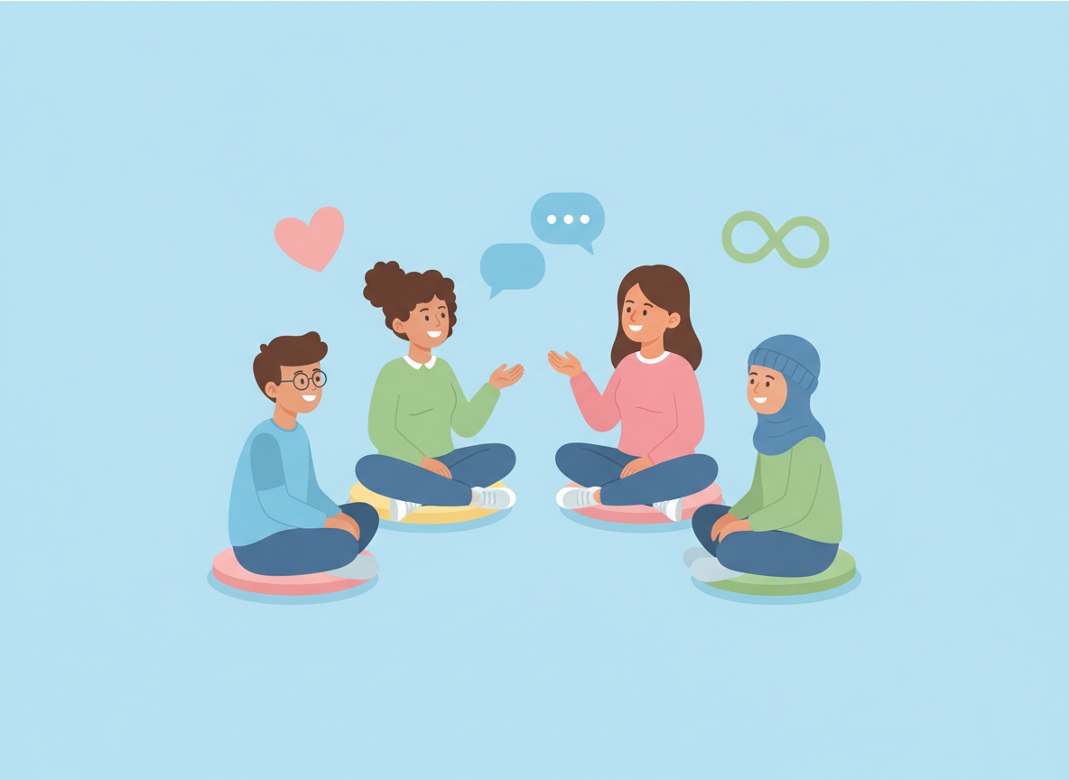 Four diverse children sitting cross-legged on circular cushions, engaging in a friendly conversation with speech bubbles, a heart, and an infinity symbol above them, against a light blue background.
