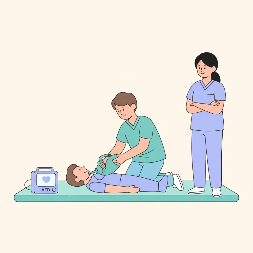 A person performing CPR on a child lying on the floor while a healthcare worker monitors, with an AED device nearby.