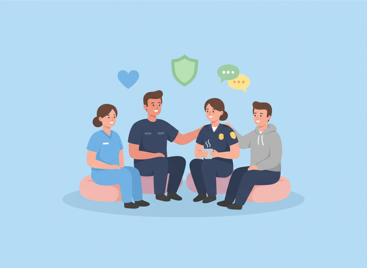 Four people, three women and one man, sitting on cushions together, smiling and chatting with each other. Some are wearing uniforms, indicating they are police officers or healthcare workers. Speech bubbles, a heart, a shield, and speech bubbles above them symbolize communication, care, protection, and dialogue.