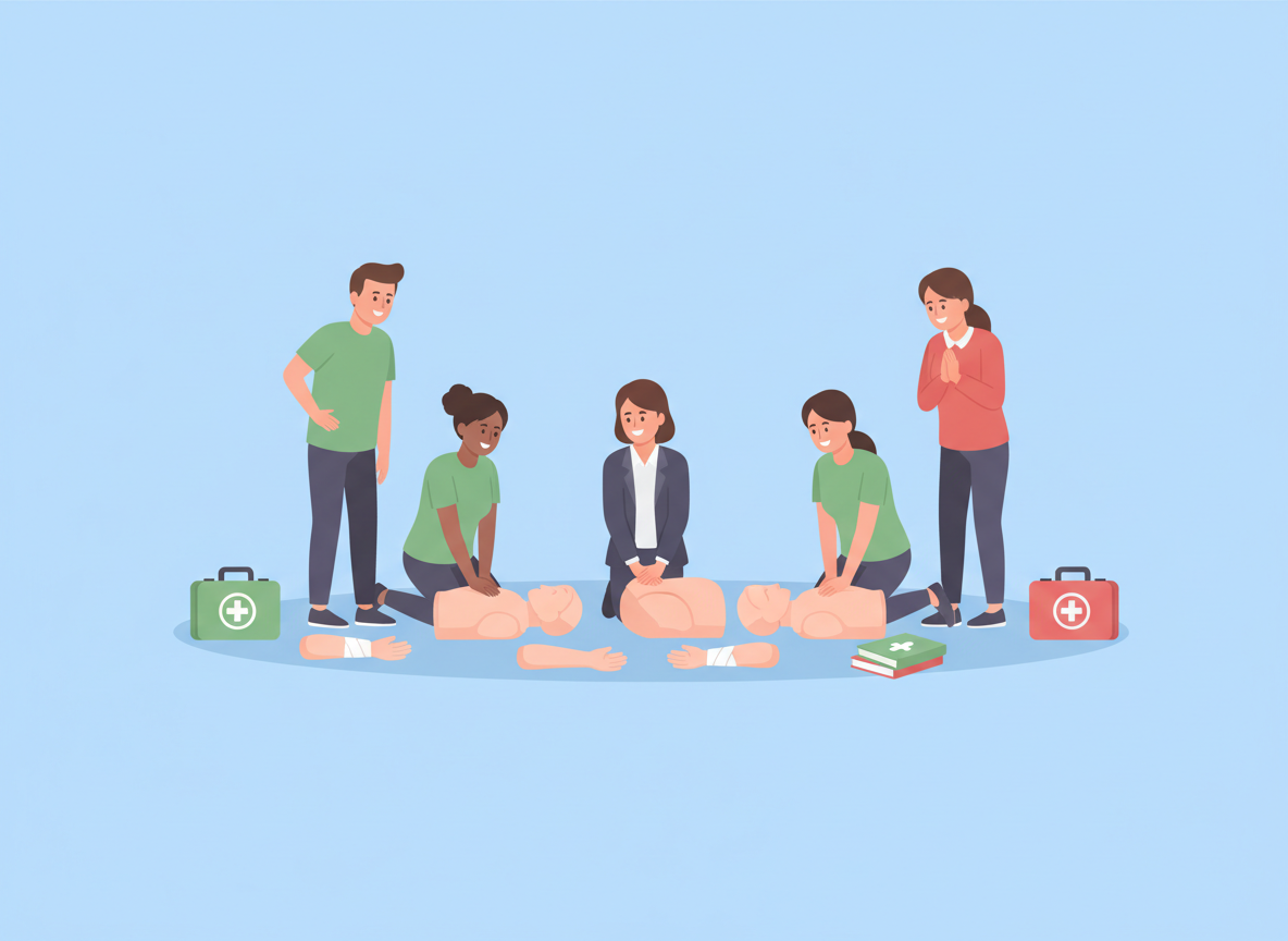 Five people practicing CPR on mannequins, with first aid kits nearby and an instructor guiding the session against a plain background.