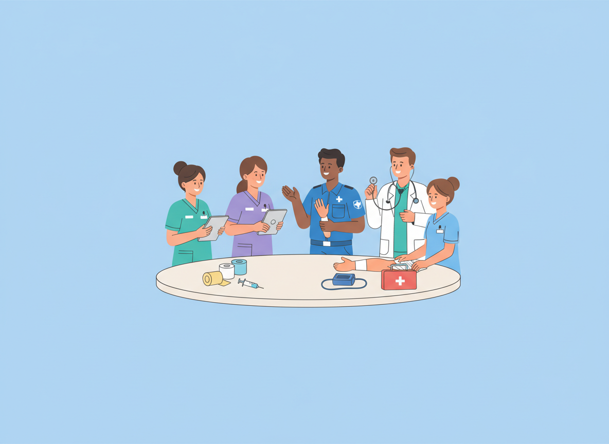Illustration of a group of healthcare professionals, including nurses and doctors, gathered around a table with medical equipment, discussing a patient's treatment.