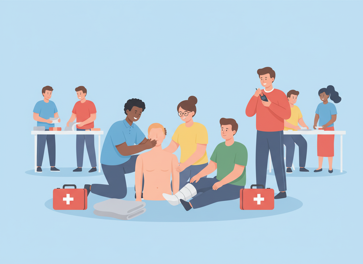 A group of medical professionals practicing CPR and first aid on a manikin in a training session.