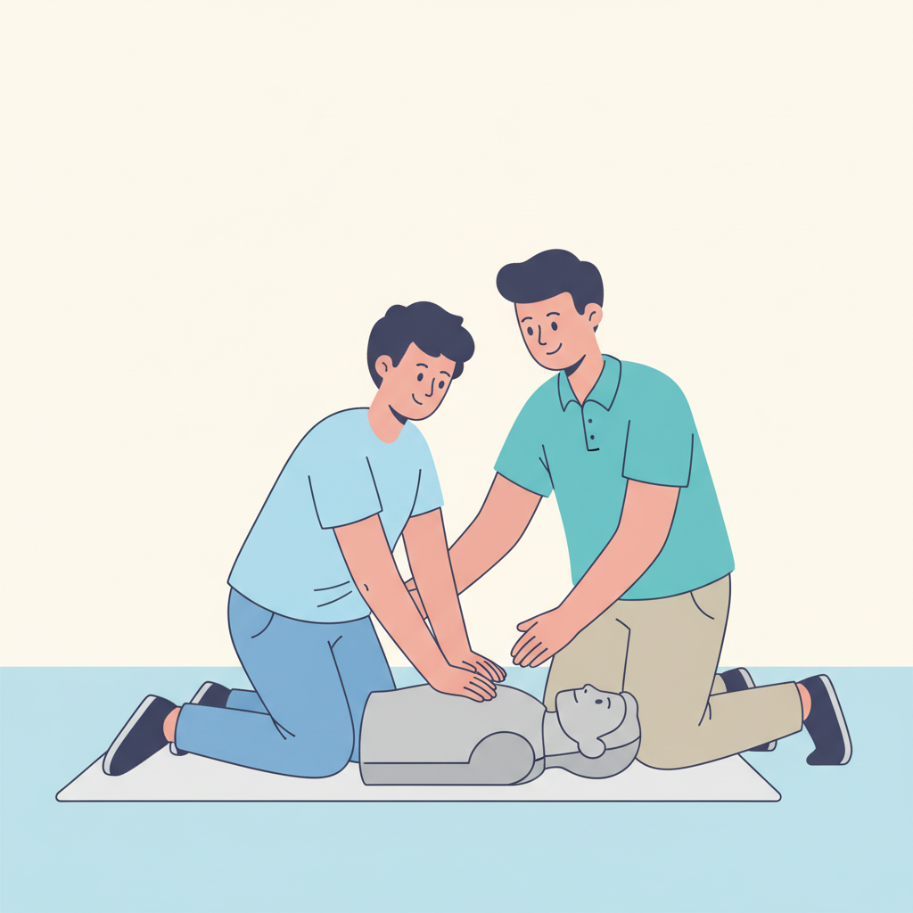 Two people practicing CPR with a dog lying on its back.