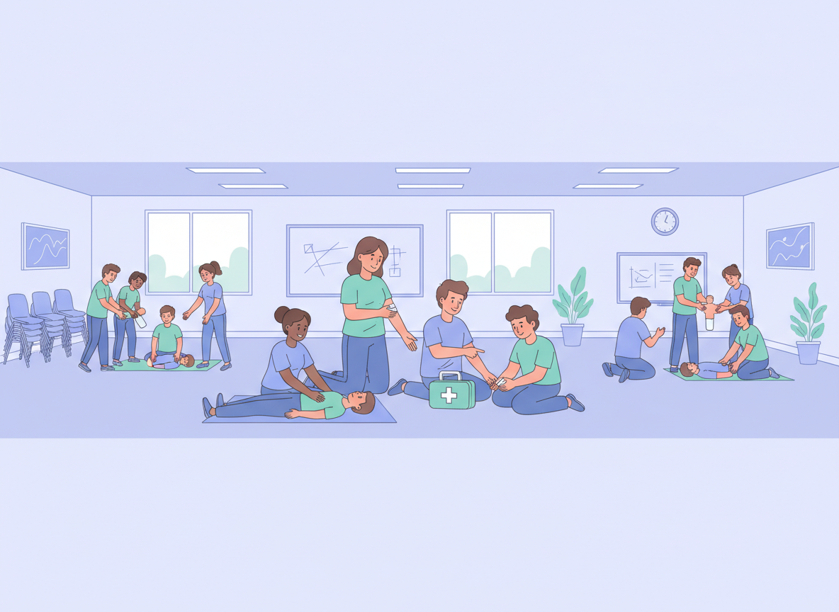 Illustration of a CPR and first aid training class with multiple groups practicing lifesaving techniques on mannequins in a classroom.