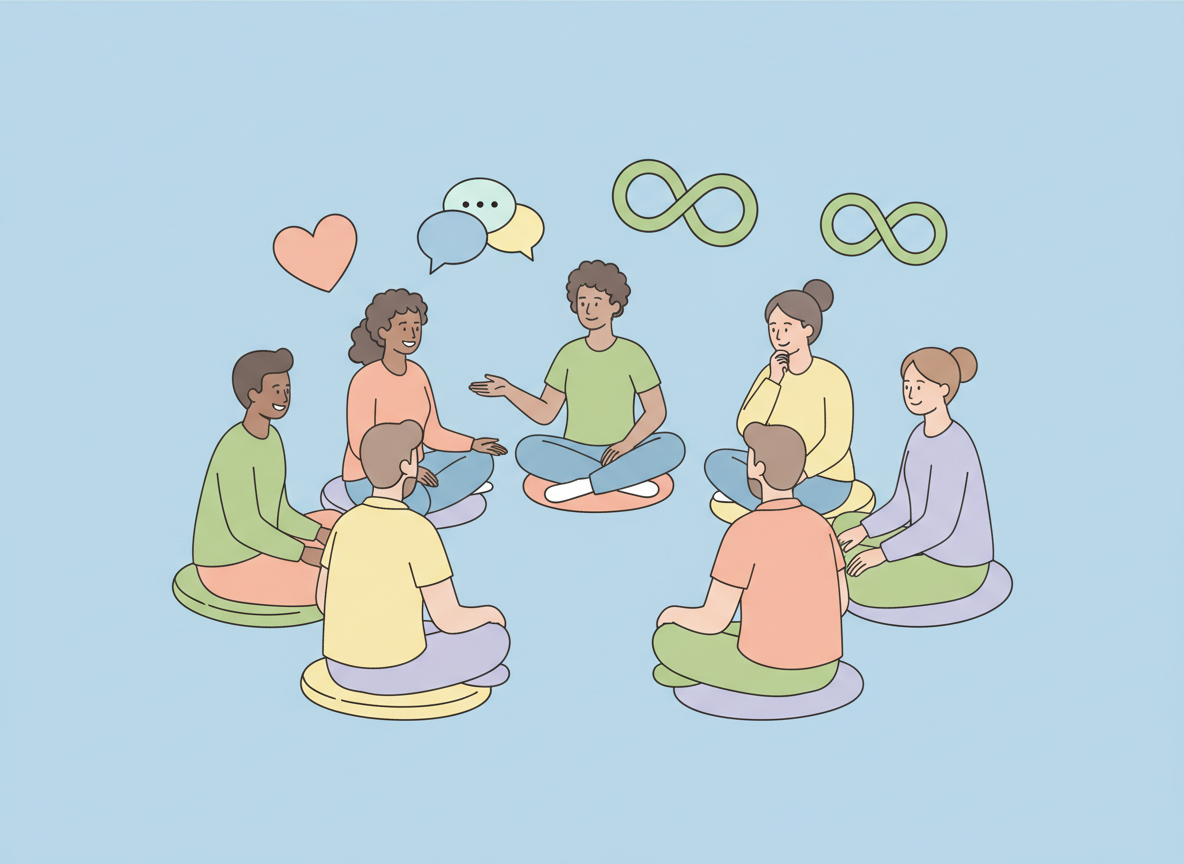 Six diverse people sitting in a circle on floor cushions having a conversation. Symbols of chat bubbles, a heart, and infinity signs float above them.