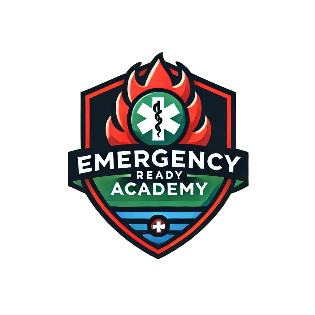 A colorful emblem for Emergency Ready Academy featuring a firefighter's badge with a flame, medical symbol, and a cross, representing emergency preparedness and response.