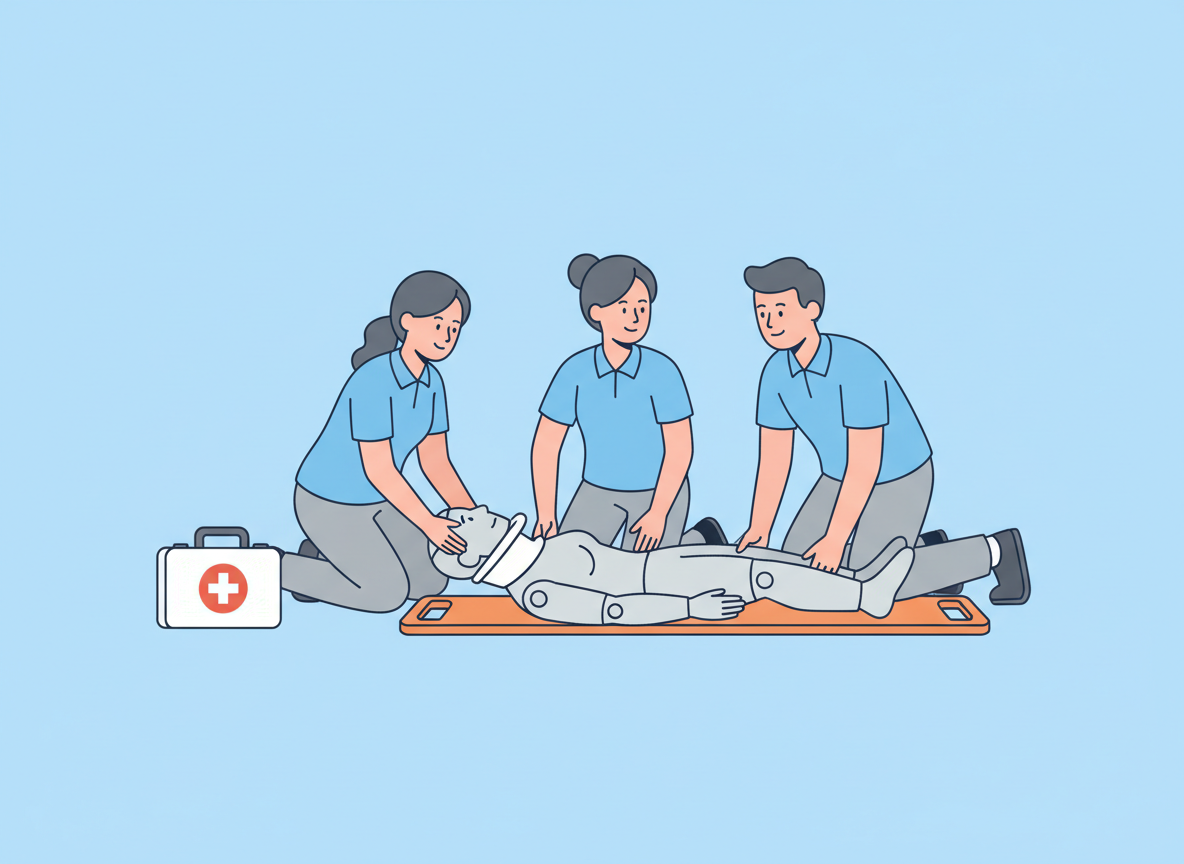 Three healthcare workers performing CPR on a patient mannequin during a training session, with a first aid kit nearby.