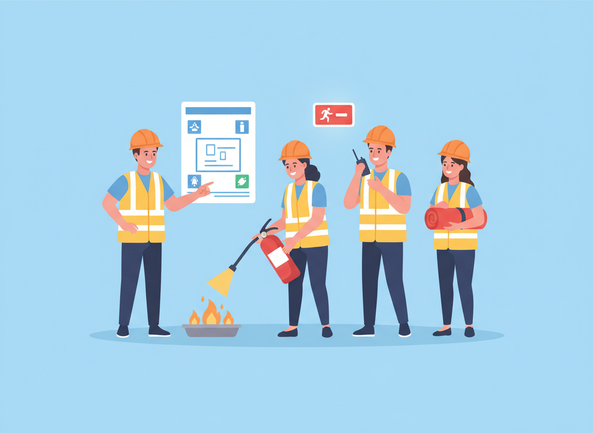 Four firefighters in safety gear and helmets practicing fire safety, with one demonstrating how to put out a fire with a fire extinguisher, while others hold safety equipment and a rolled-up mat.