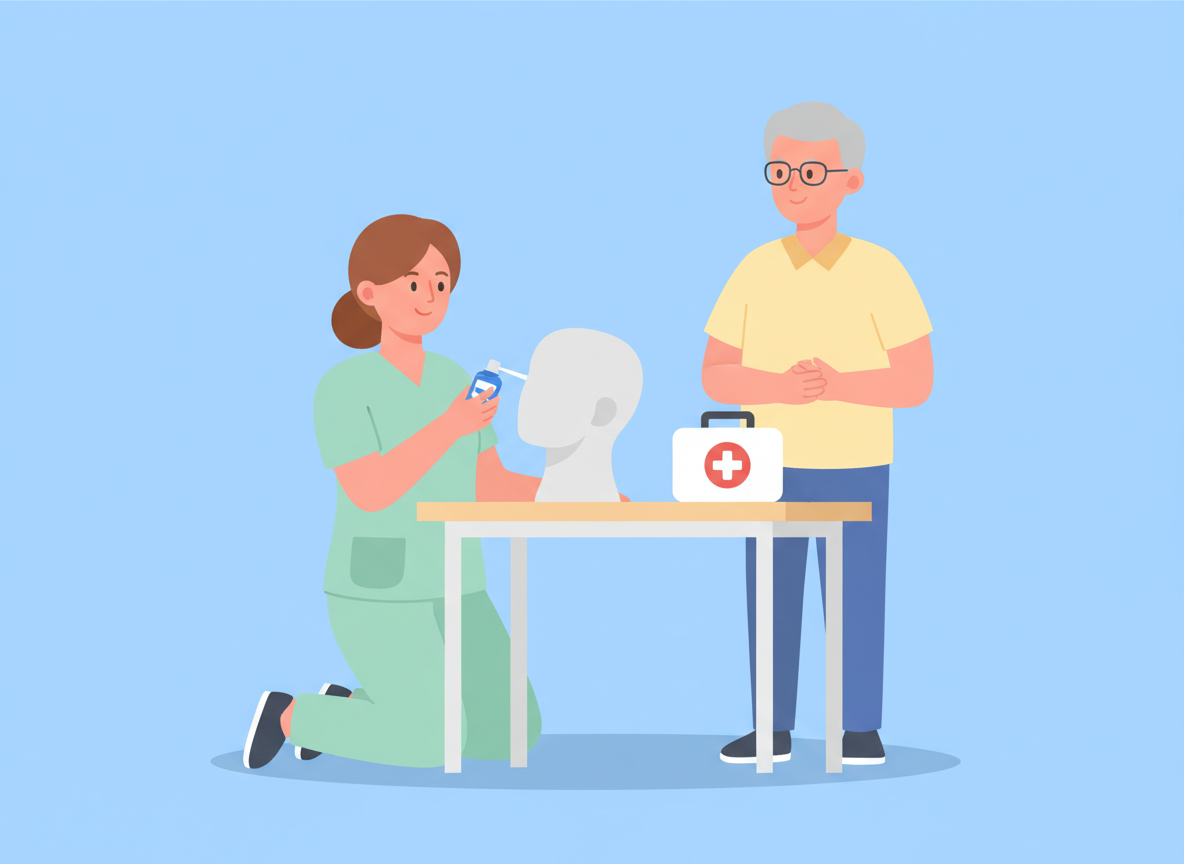 A nurse kneeling and using an oxygen mask on a medical mannequin while a man observes, with a first aid kit on the table against a blue background.