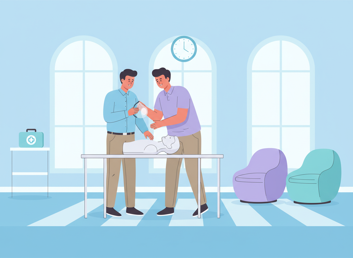 Two men caring for a baby in a hospital room with large windows and a clock on the wall.