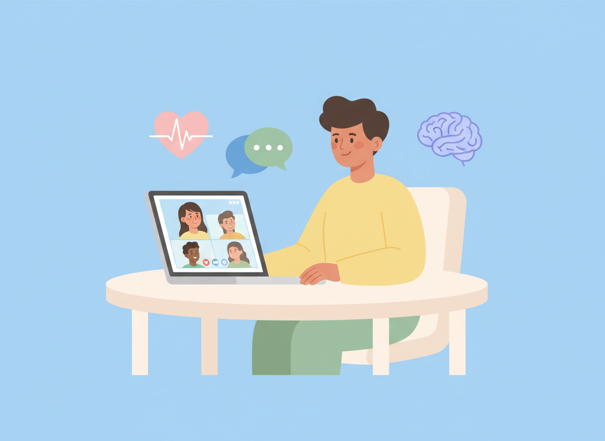A person sitting at a table on a video call with four friends on a laptop, with icons of a heart, conversation bubbles, and a brain around them.