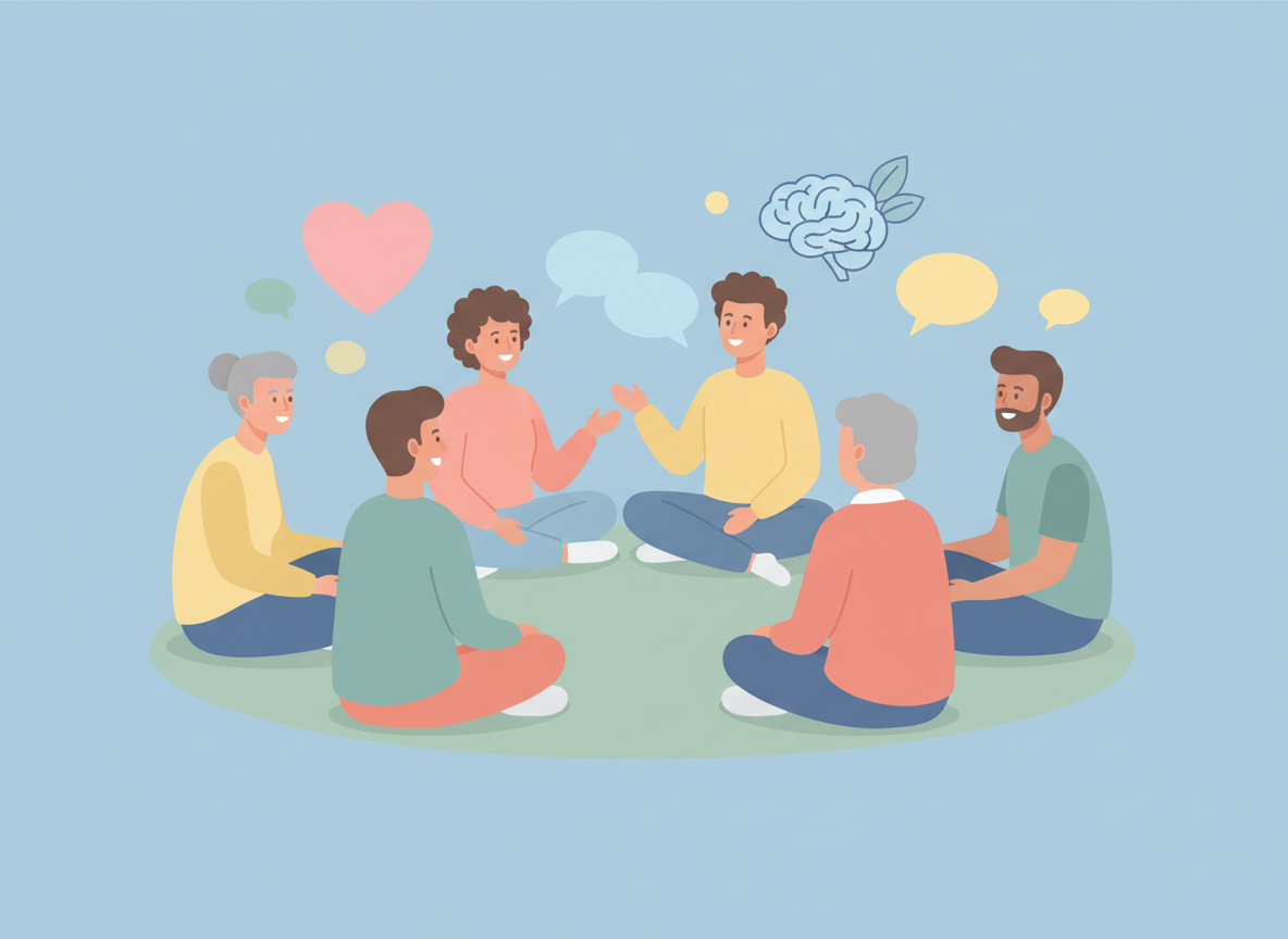 Six people sitting in a circle on the floor, engaging in conversation with speech bubbles, a heart, and a brain above them, indicating discussion about emotions and thoughts.