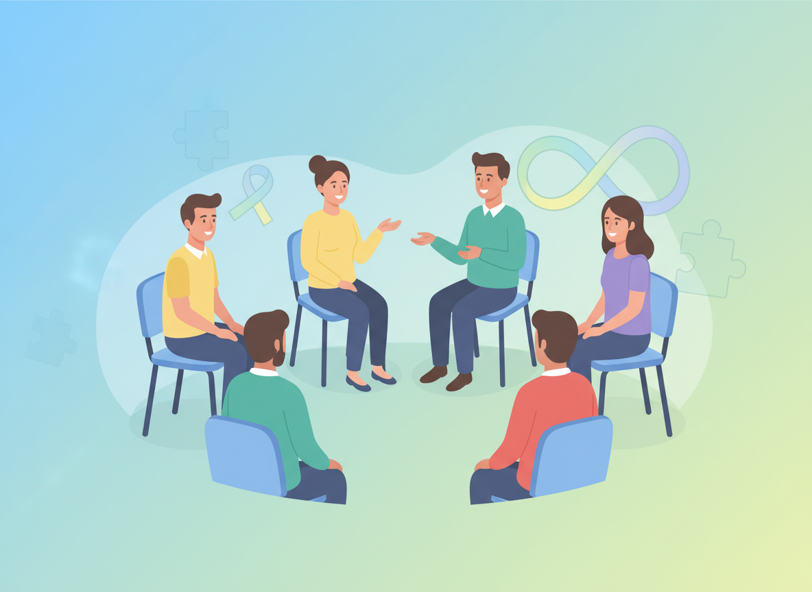 Illustration of five people sitting in a circle, engaging in a discussion, with puzzle pieces and an infinity symbol in the background.