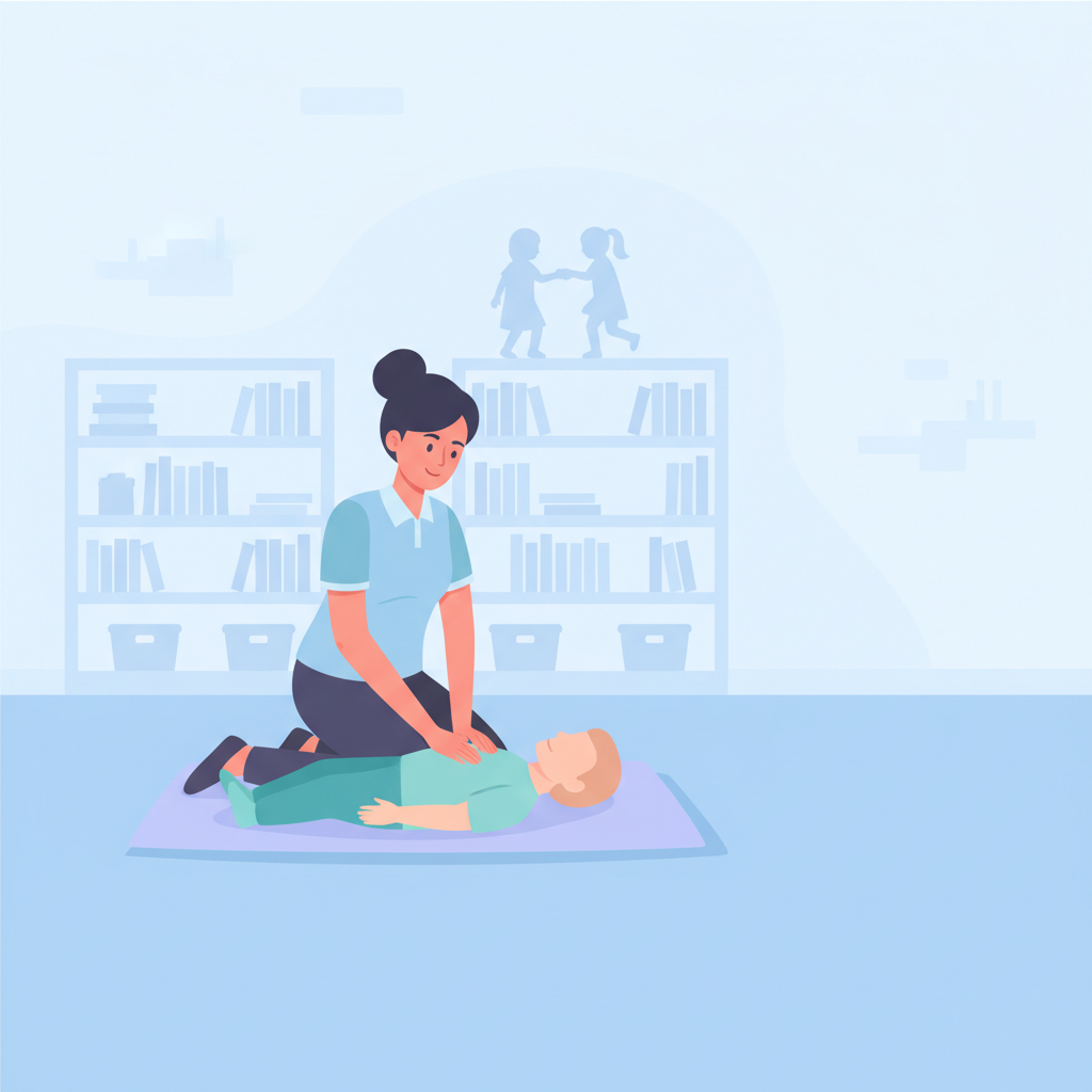 A woman performing CPR on a young boy lying on a mat indoors, with bookshelves and children playing in the background.