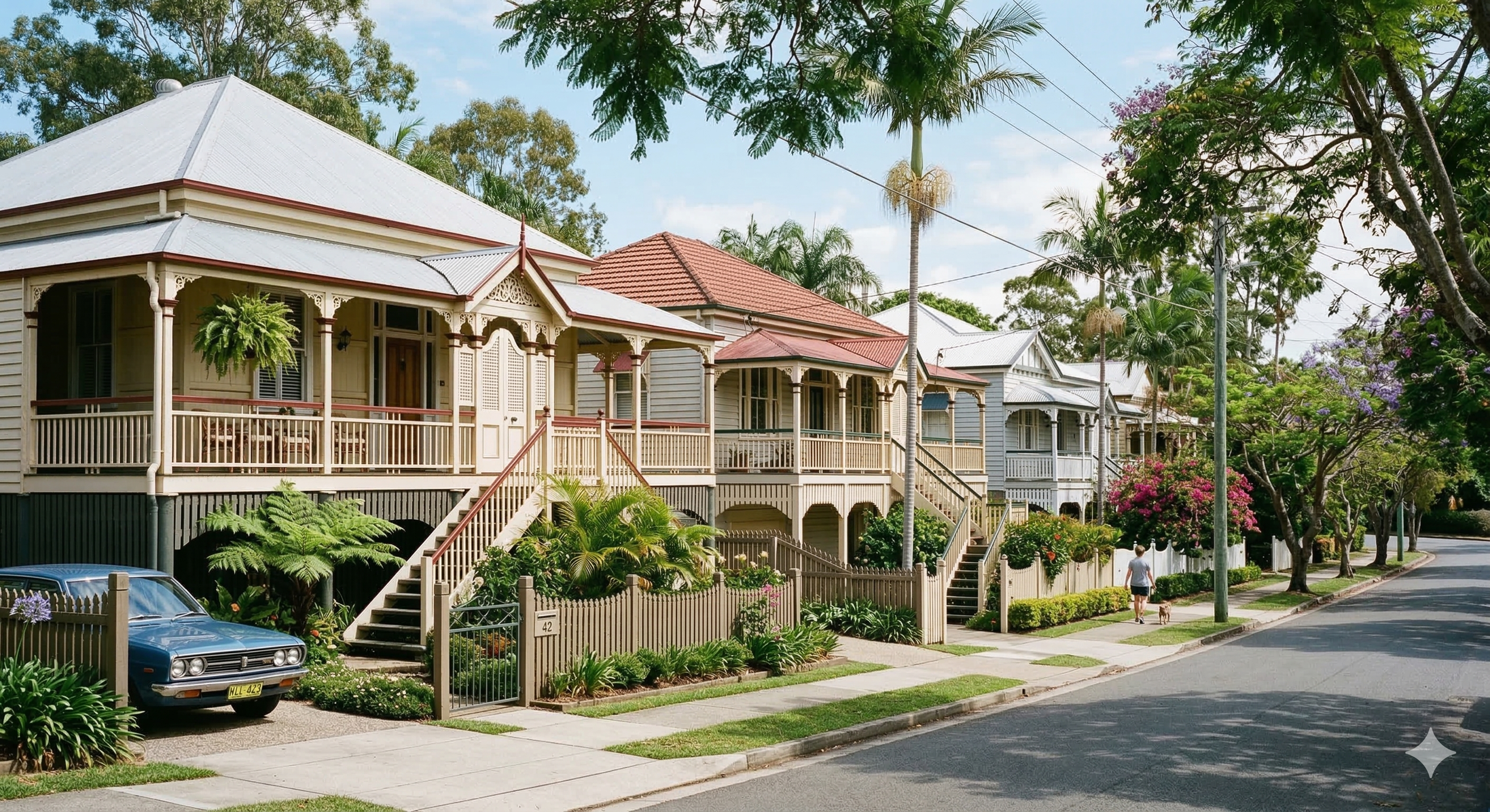 Residential street with Victorian-style houses, lush greenery, a person walking a dog on the sidewalk, and trees lining the street.