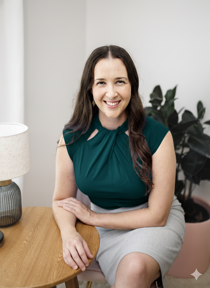 A woman with long dark hair, smiling, wearing a dark green sleeveless top, sitting at a wooden table in a cozy indoor setting with a beige lamp and a large potted plant in the background.