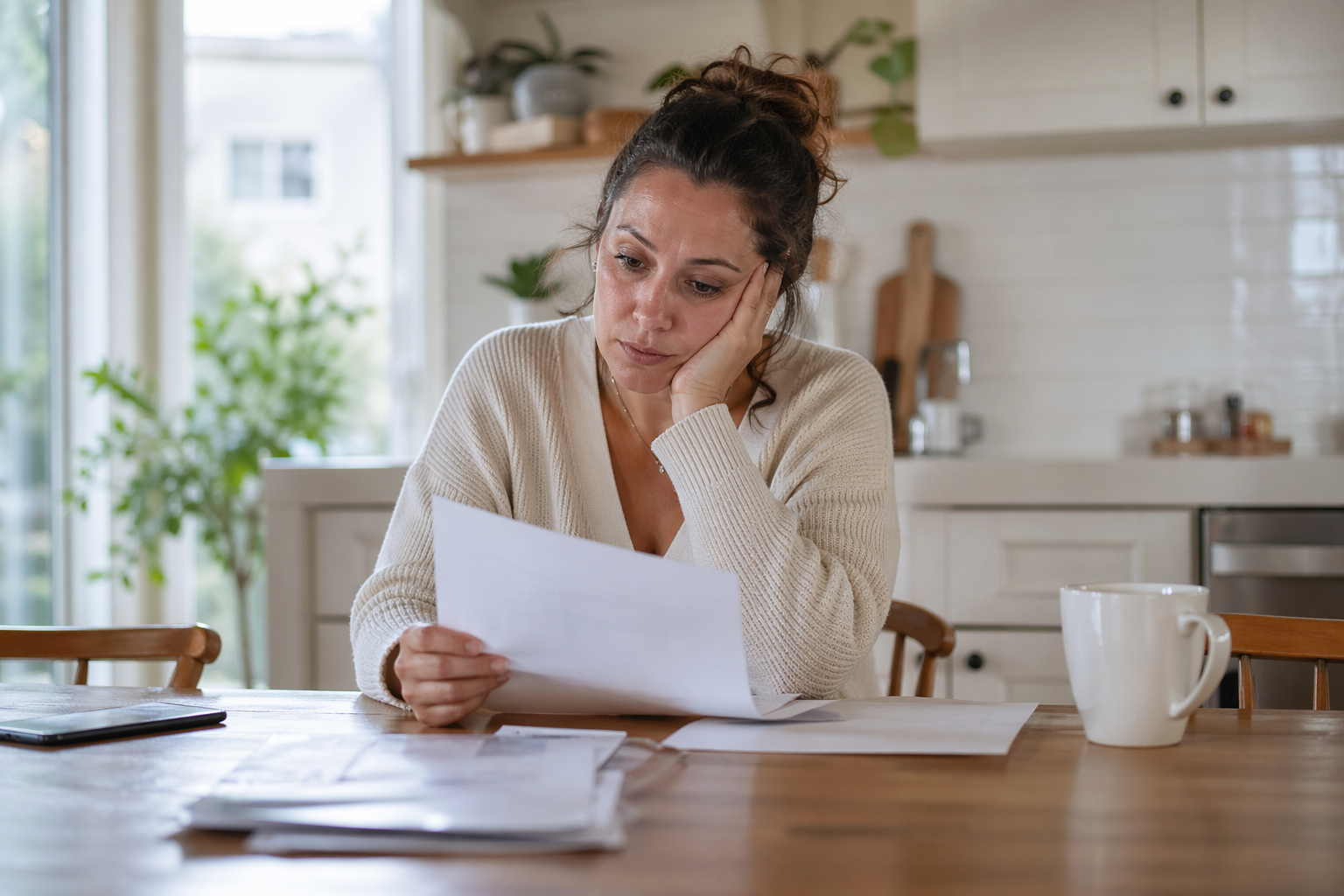 women sits at table looking over paperwork