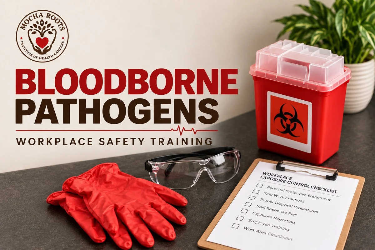 Workplace safety training display with a red biohazard waste bin, safety goggles, red gloves, and a checklist titled "Workplace Exposure Control Checklist" on a clipboard. There is also a potted plant in the background.