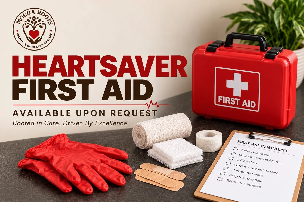 A first aid kit, red gloves, bandages, gauze, and a first aid checklist on a clipboard, with a plant in the background.