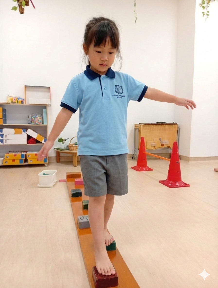 Young girl balancing on a line of colorful wooden blocks on the floor in a room with light-colored walls and furniture.