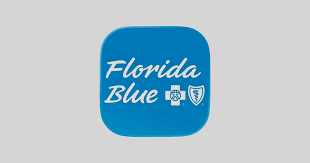 Florida Blue logo with blue background and white text, including health-related icons