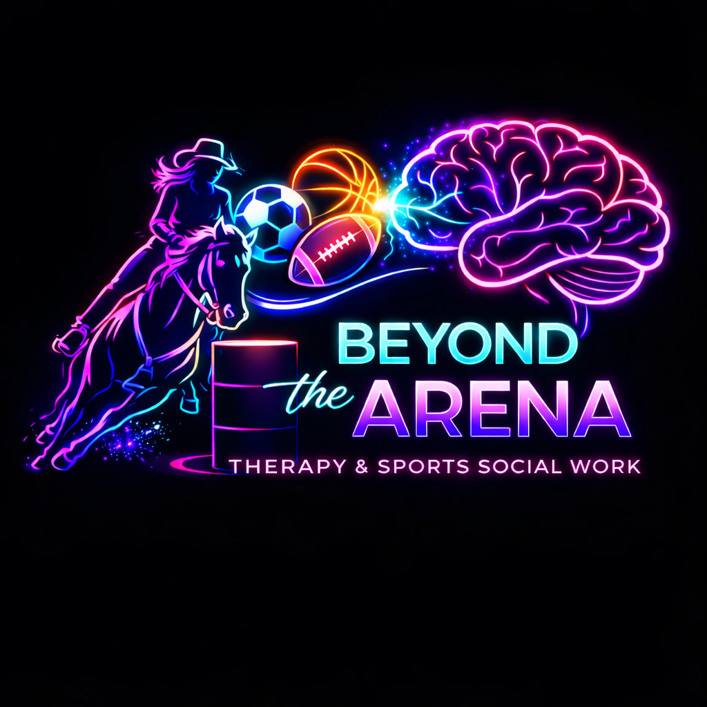Neon logo for 'Beyond the Arena,' featuring a female rodeo rider on a bucking horse, sports equipment like a football, basketball, and soccer ball, and a brain, with the tagline 'Therapy & Sports Social Work'.