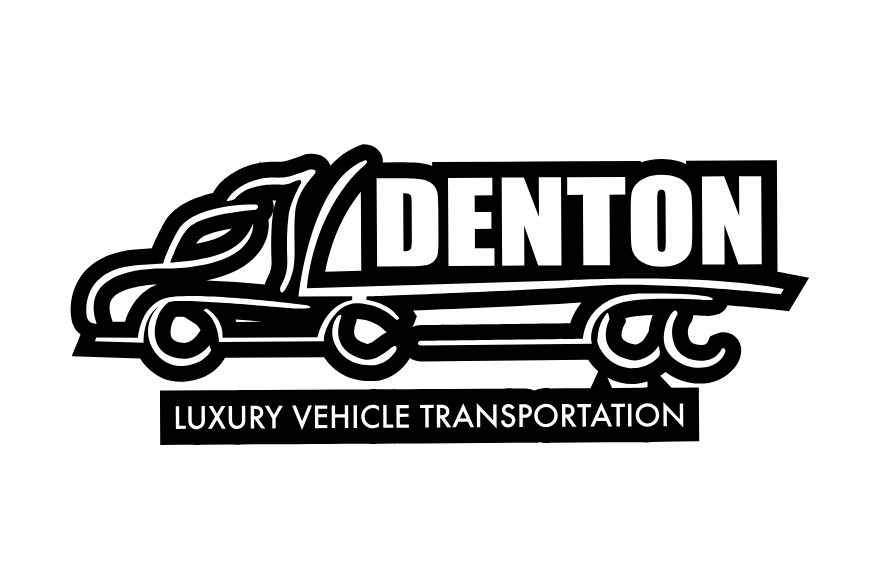 Black and white logo for Denton Luxury Vehicle Transportation, featuring a stylized luxury car with the company name and service description.