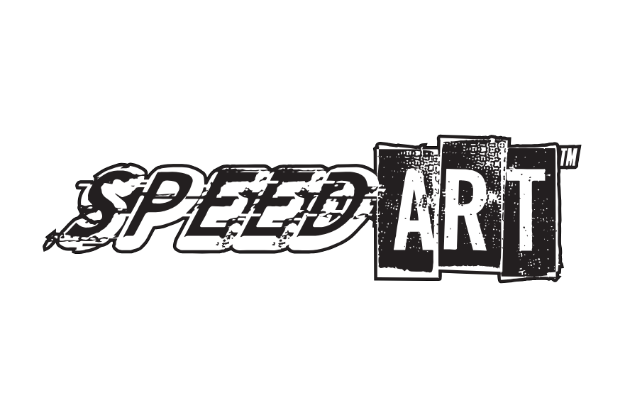 Stylized text logo reading 'Speed Art' with dynamic, distressed font and layered rectangular backgrounds.