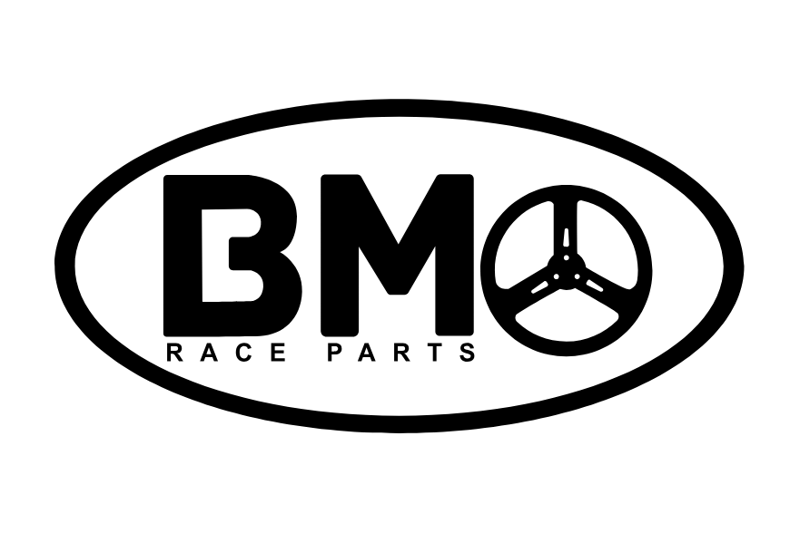 Logo for BMO Race Parts featuring bold letters 'BMO' and a peace sign within a circle to the right, with the words 'Race Parts' underneath.