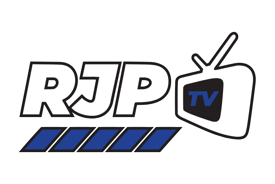 Logo for RJP TV featuring bold black and blue text, a stylized vintage television with an antenna showing the letters 'TV' in blue, and a blue-striped rectangle beneath.
