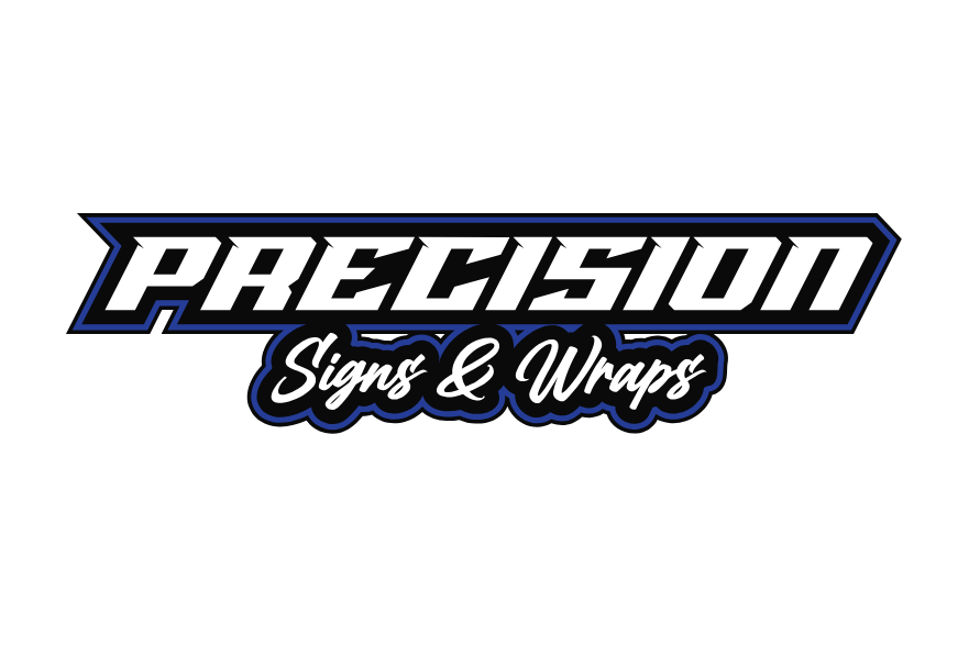 Logo for 'Precision Signs & Wraps' with bold, stylized black and white lettering and a black and blue outline.