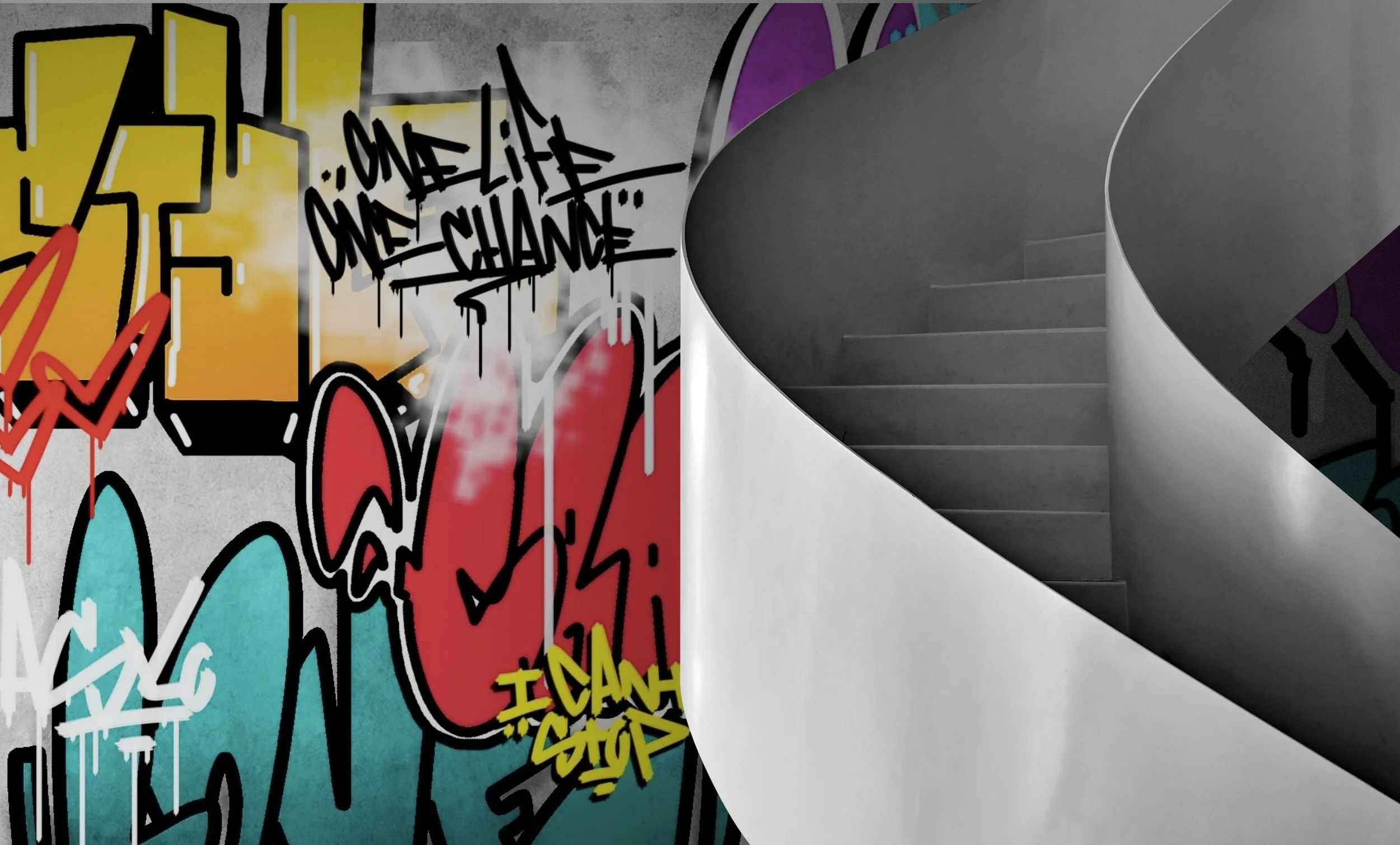 Colorful graffiti art on a wall with phrases like 'One Life One Chance' and 'I Can Stop'. On the right side, a modern white staircase with dark gray steps and a curved, dark gray railing.