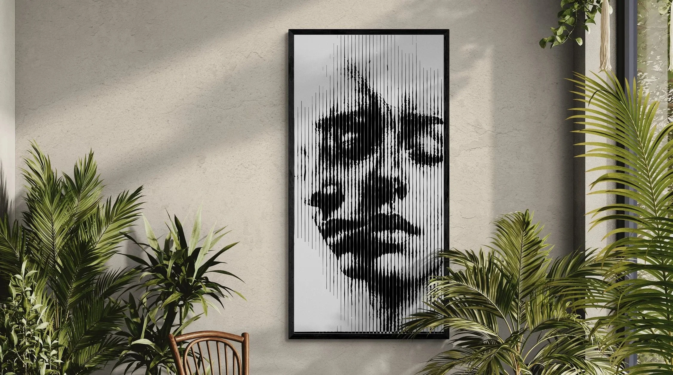 Interior of a room with a framed black and white portrait on a textured wall, surrounded by lush green houseplants.