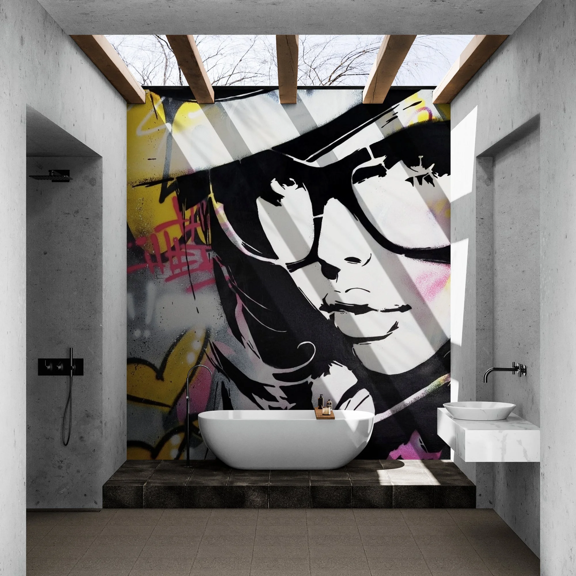 Contemporary bathroom with a large graffiti mural of a woman's face with sunglasses on the back wall, a modern oval bathtub, a white sink cabinet on the right, and an outdoor view of trees through an open ceiling with wooden beams.