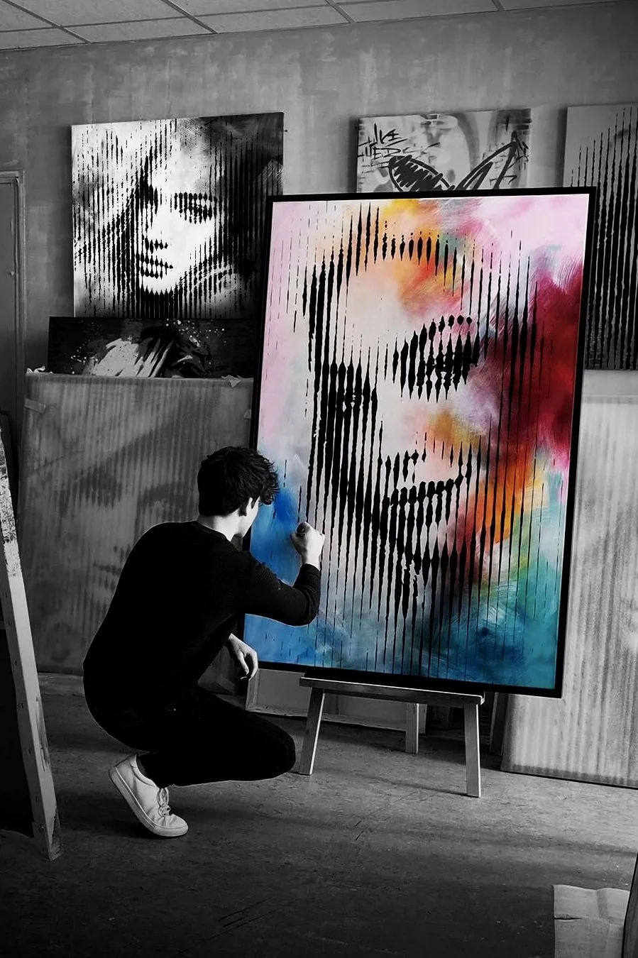 A young artist is crouching down and painting a colorful, stylized landscape portrait of a woman's face on a large canvas. The portrait is created with vertical black lines, and the background features a range of vibrant colors. Several other black-and-white portrait artworks are displayed on the wall in the background.