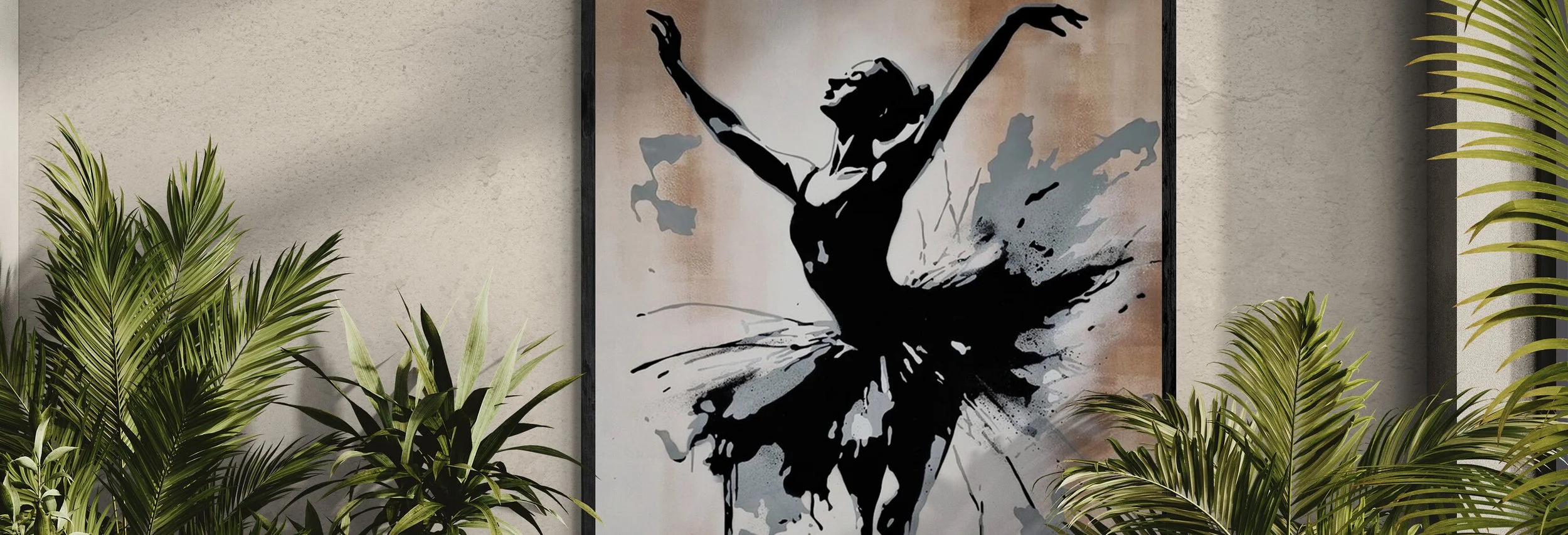 Modern wall art depicting a ballerina in black silhouette with arms raised, surrounded by abstract paint splatters, flanked by green indoor plants.