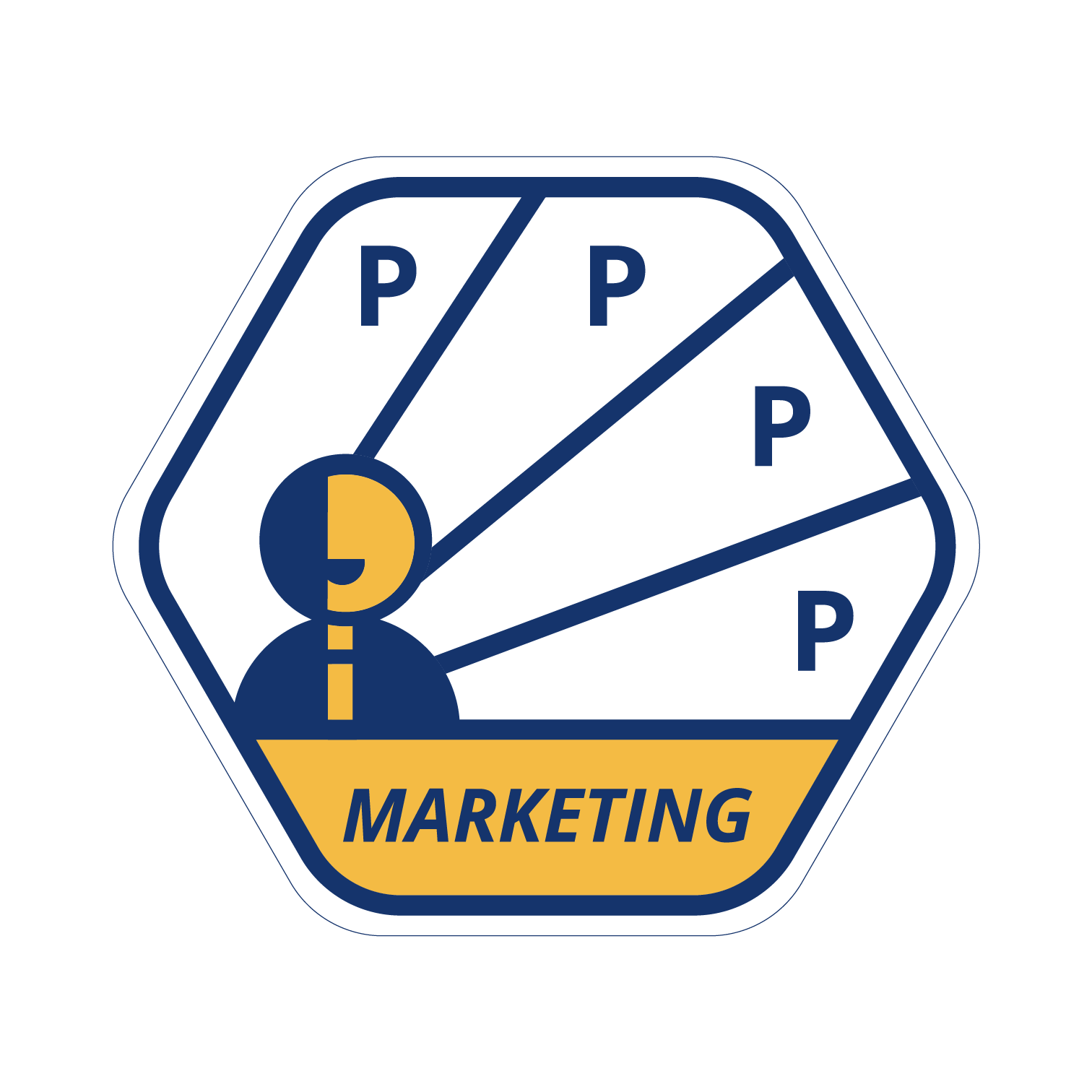 A logo with a person looking at a radial display with five segments labeled 'P', and the word 'Marketing' below.