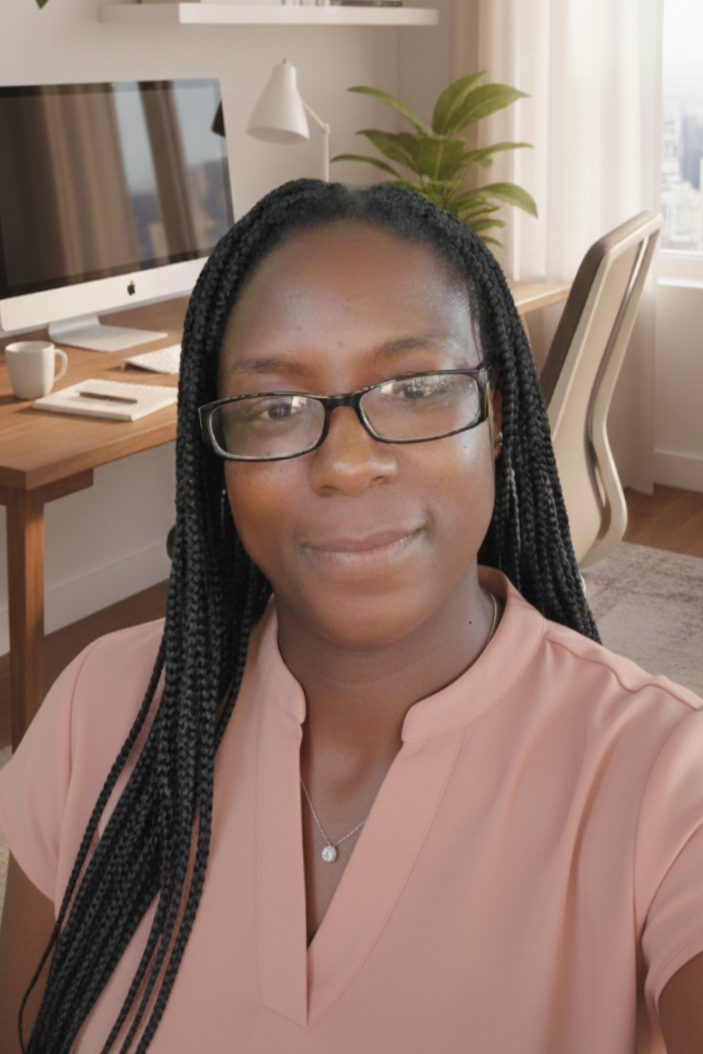 A woman with braids and glasses taking a selfie in a home office with a desk, computer, and plants.