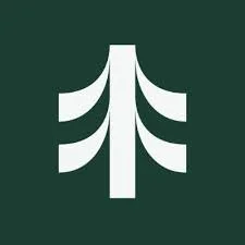 A white logo resembling a stylized tree or arrow on a dark green background.