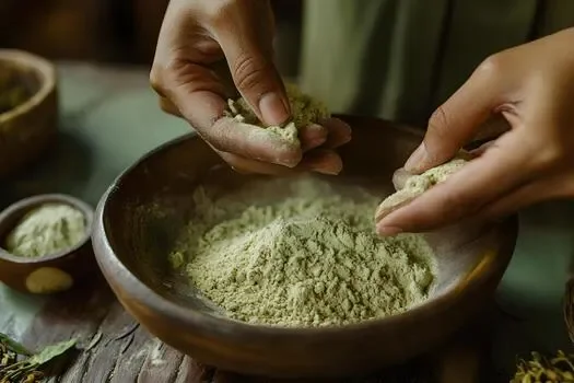 Person's hands crushing kratom powder into a bowl