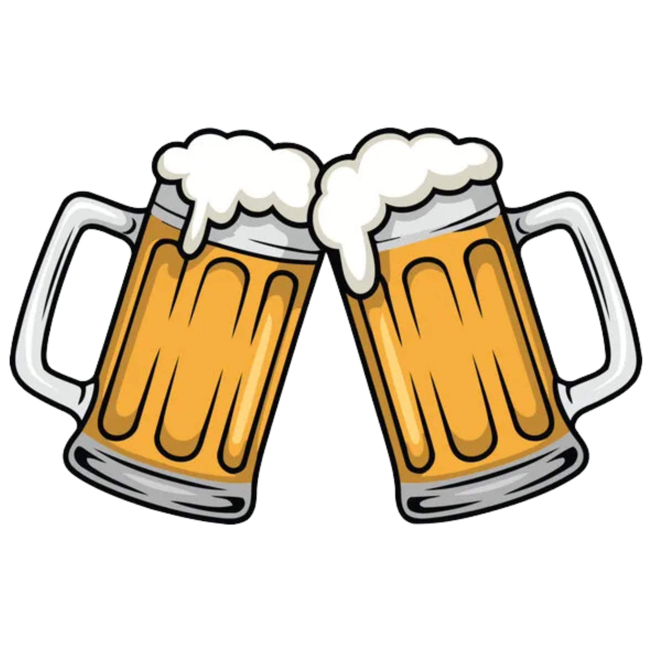 Cartoon illustration of two beer mugs clinking together with foam overflowing.