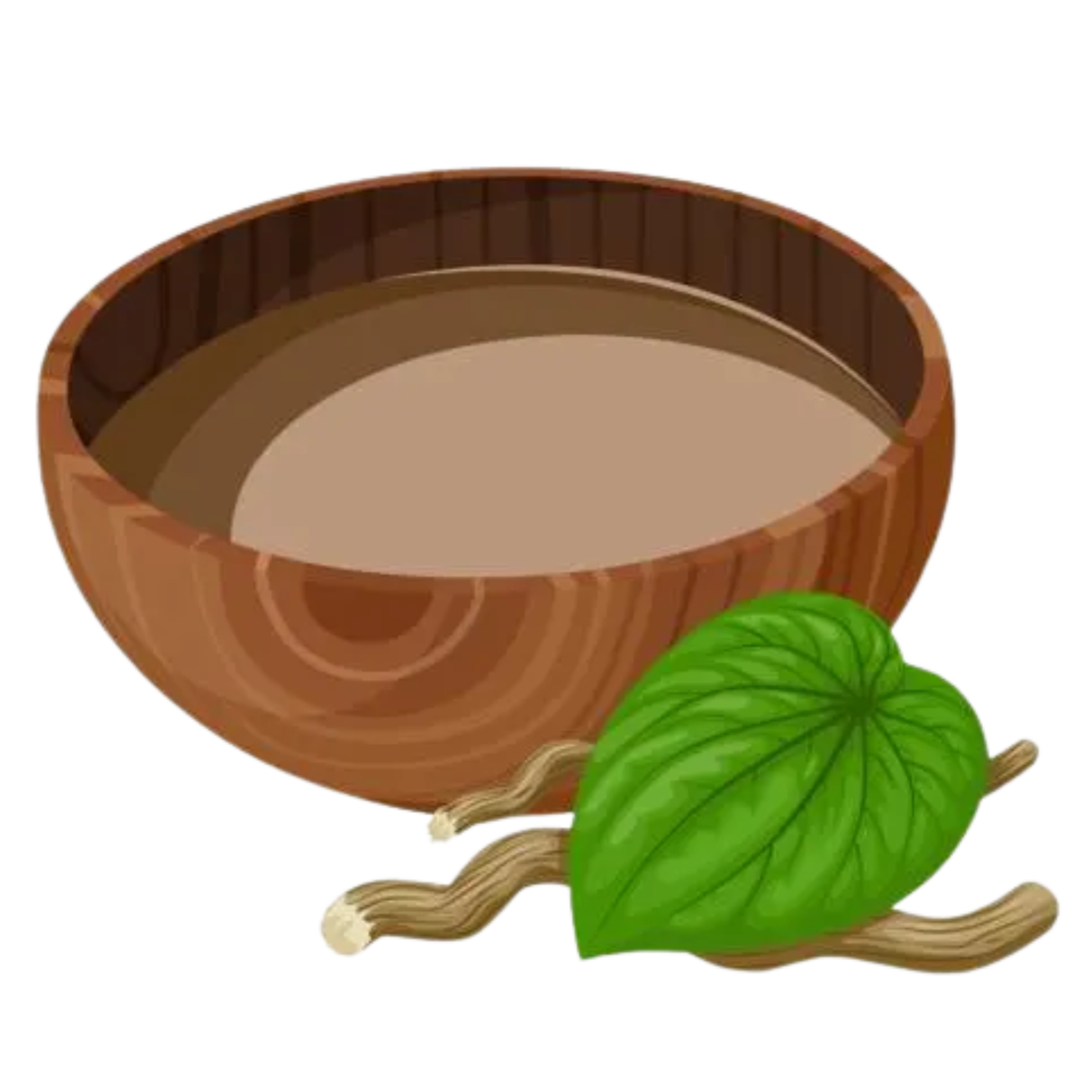 A wooden bowl filled with kava with a green leaf and brown sprout beside it.