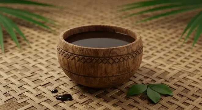 A wooden bowl filled with kava on a woven mat, with green leaves and pebbles nearby.
