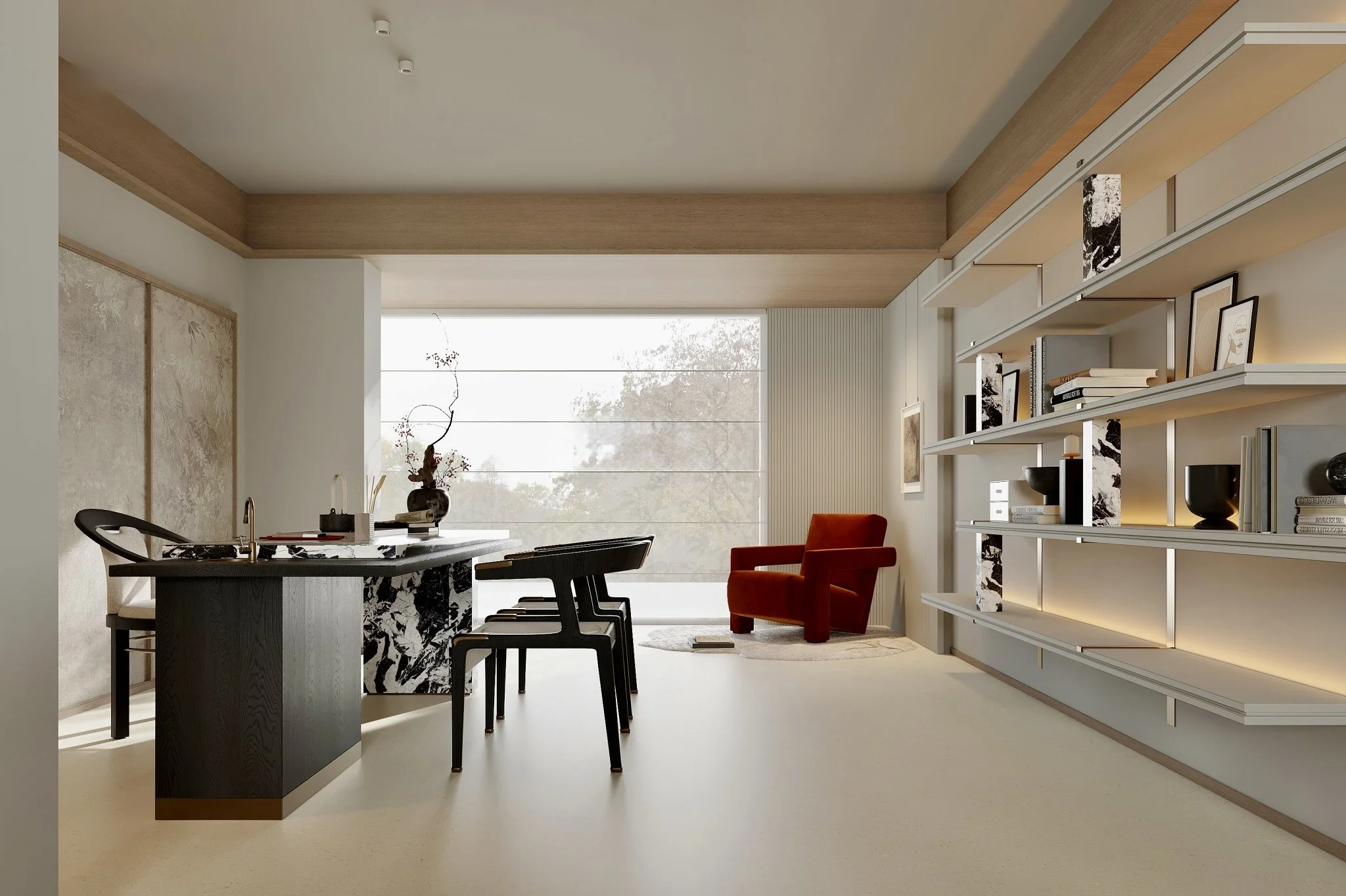 Sereno Beige porcelain tile used across floors and walls in a calm contemporary interior