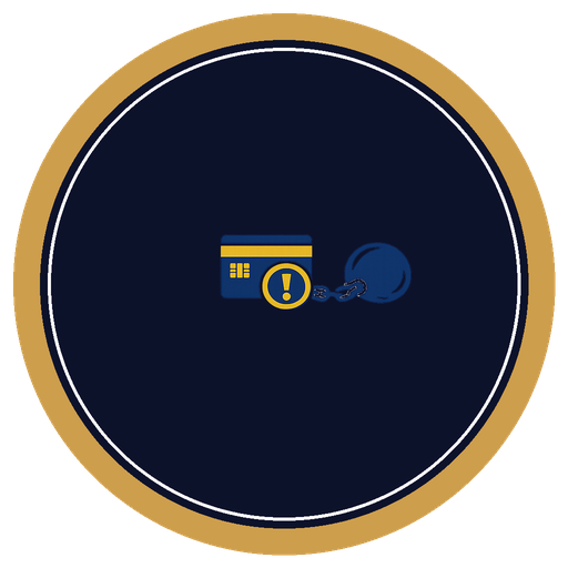 A credit card with an exclamation mark symbol chained to a ball and chain, symbolizing security or restrictions.