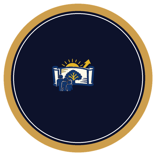 A logo with a dark blue background featuring a stylized tree, rising sun, upward arrow, and abstract human figures.