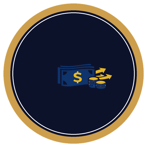 Icon of money bills and coins with arrows indicating growth or increase.
